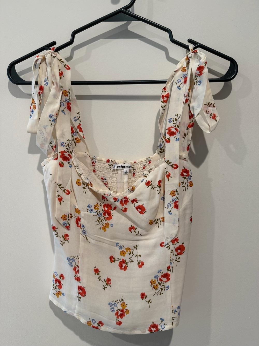 Reformation Cream Floral Tie-Strap Camisole with Red & Blue Flowers